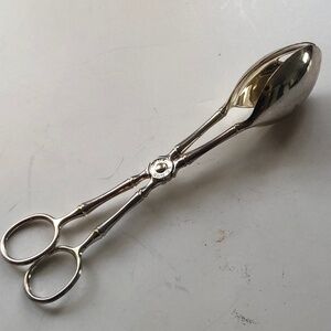 Vintage E P Zinc salad tongs, made in Italy. Natural tarnishing are on spoon